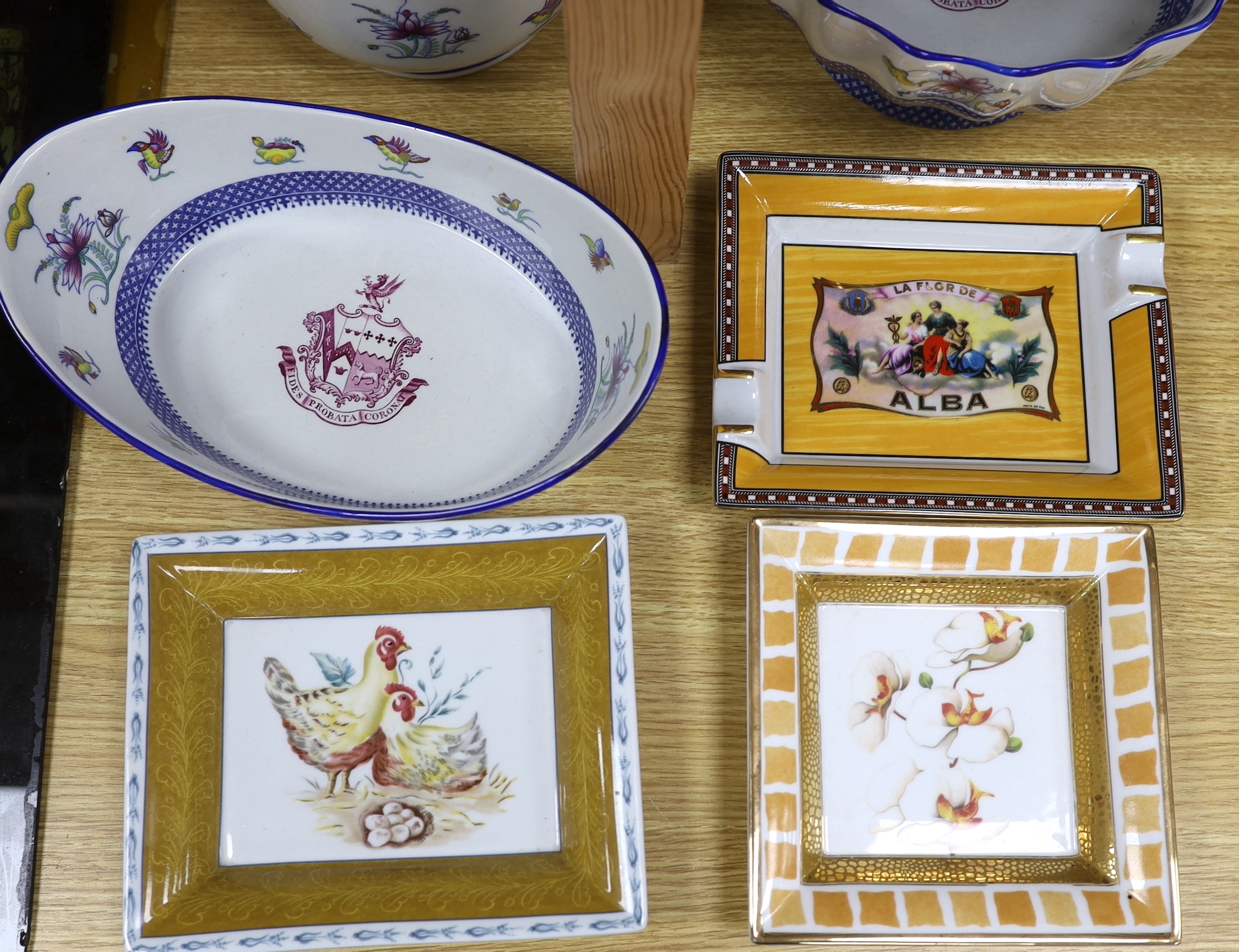 Two Copeland Spode Armorial bowls, a pair of lidded jars a planter and three Limoges ashtrays, jars and covers 24cm high